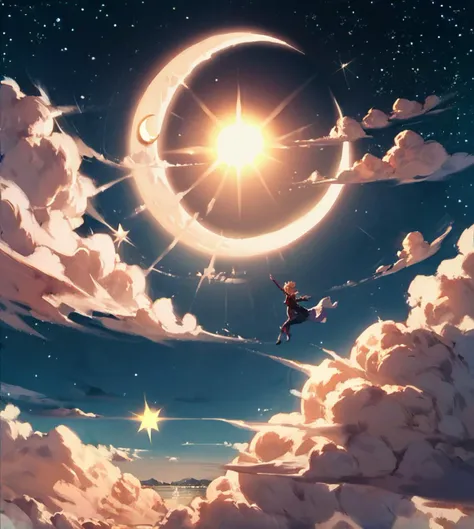 a painting of a person flying through the sky with a moon in the background