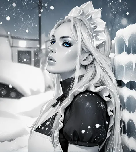 blond woman in black and white with blue eyes and a snow covered wall