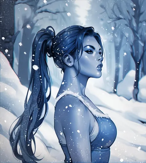 a close up of a woman with long hair in a snowy forest