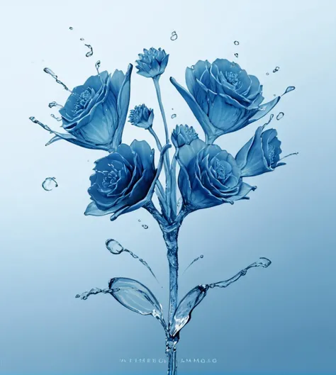 a close up of a blue rose with water splashes on it