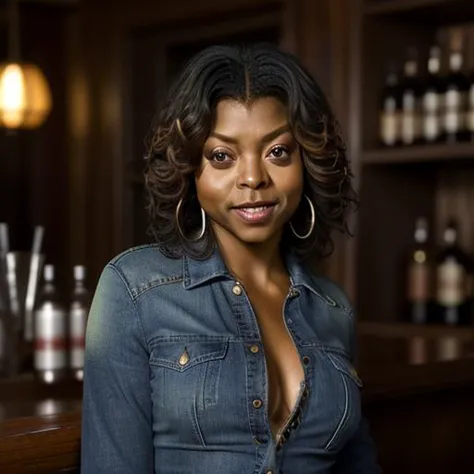 a close up of a woman in a denim shirt sitting at a bar