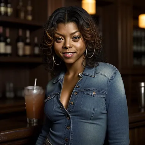 a close up of a woman standing at a bar with a drink