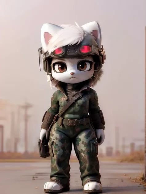 a cat in a military outfit standing on a street