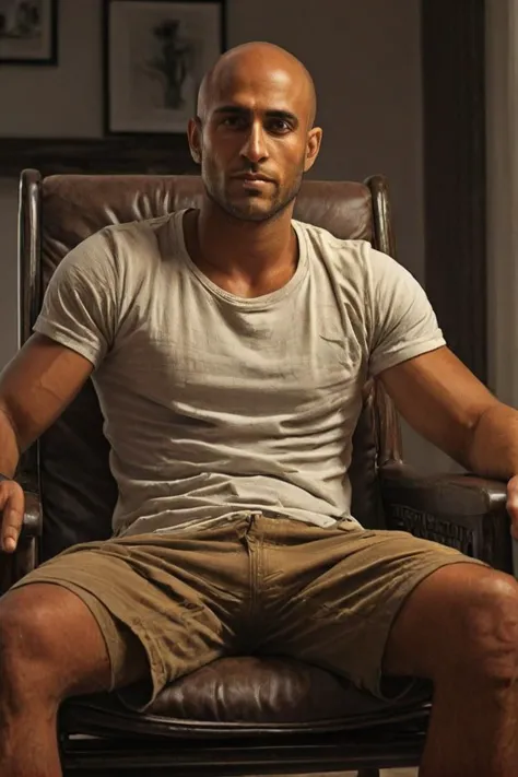 A handsome israeli male,brown skin,(Orr Fadir:1.8),sitting in the chair,legs spread,atmospheric,rich skin texture,8k,rich details,real,high resolution,extremely high quality,detailed background,excellent details and textures,highly detailed,UHD,high quality, <lora:Uncut_Penis:0.8>