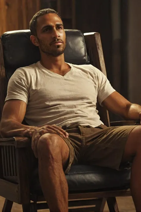 A handsome israeli male,brown skin,(Orr Fadir:1.8),sitting in the chair,legs spread,atmospheric,rich skin texture,8k,rich details,real,high resolution,extremely high quality,detailed background,excellent details and textures,highly detailed,UHD,high quality, <lora:Uncut_Penis:0.8>