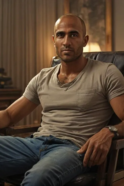 A handsome israeli male,brown skin,(Orr Fadir:1.8),sitting in the chair,legs spread,atmospheric,rich skin texture,8k,rich details,real,high resolution,extremely high quality,detailed background,excellent details and textures,highly detailed,UHD,high quality, <lora:Uncut_Penis:0.8>