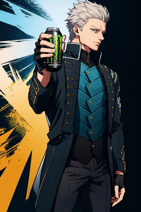 a man in a suit holding a can of beer