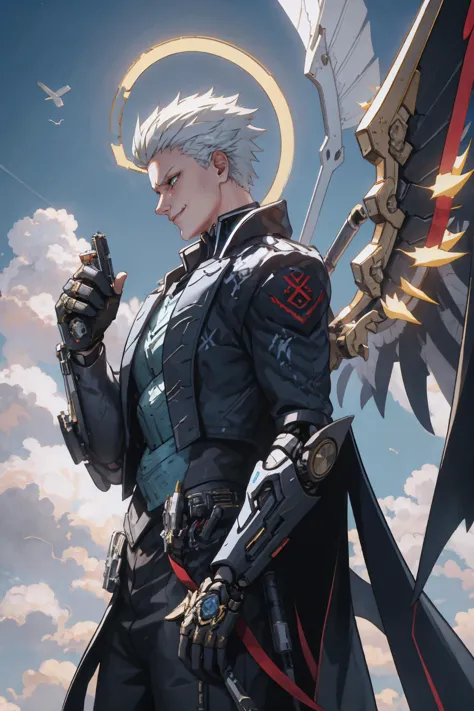 High Quality, Masterpiece, <lora:dmc5_vergil:0.6> dmc5vergil, outdoors, war, from side, smirk, wrenchsmechs, glowing, black mecha, halo, mechanical wings, <lora:Outfit_Mechs:1>