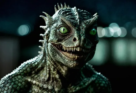 Horror-themed cinematic film still symmetry!! portrait of a lizard man, dark green scales, horror, white glowing eyes, night tim...