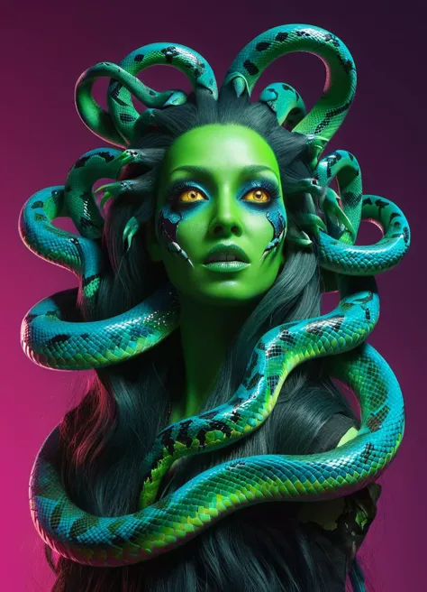 ombre color scheme of neon green, neon blue, neon pink
Medusa (multiple snakes for hair:1.2), scary, frightening,  <lora:acidzli...