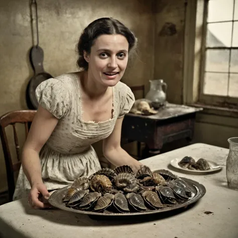 woman in a dress holding a plate of oysters on a table