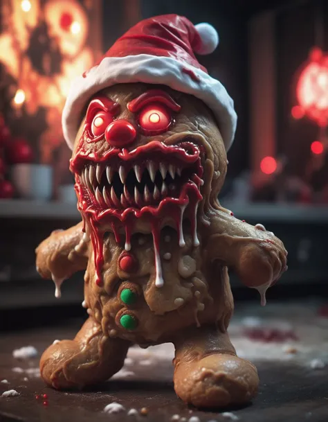 fantasy monster concept art, evil christmas gingerbread man cookie, santa hat,  dynamic lighting,  photorealistic, trending on a...