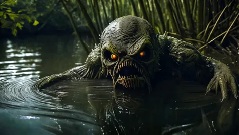 Swamp Monster,(Head peeking out of the water:1.1),waiting for prey,High Resolution,detailing,Sharpness gluin,Desktop,