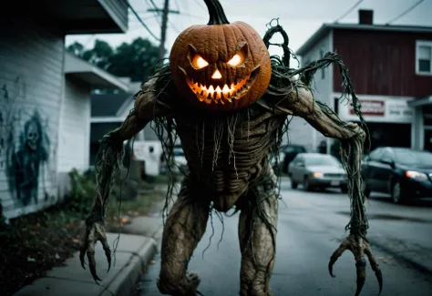 Horror-themed cinematic film still fantasy monster concept art, a jack o lantern monster with vines for a body walking down a street of nightmares, dynamic lighting, photorealistic, trending on art station, stunning visuals, creative, cinematic, ultra detailed, atmospherical, ambient lighting, scary art high budget, bokeh, cinemascope, moody, epic, gorgeous, film grain, grainy . Eerie, unsettling, dark, spooky, suspenseful, grim, highly detailed