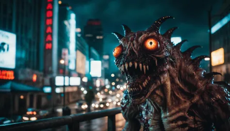 cinematic photo cinematic film still a Multi-eyed horror monster devouring a city, large scale, eerie, mixed media, digital art,...