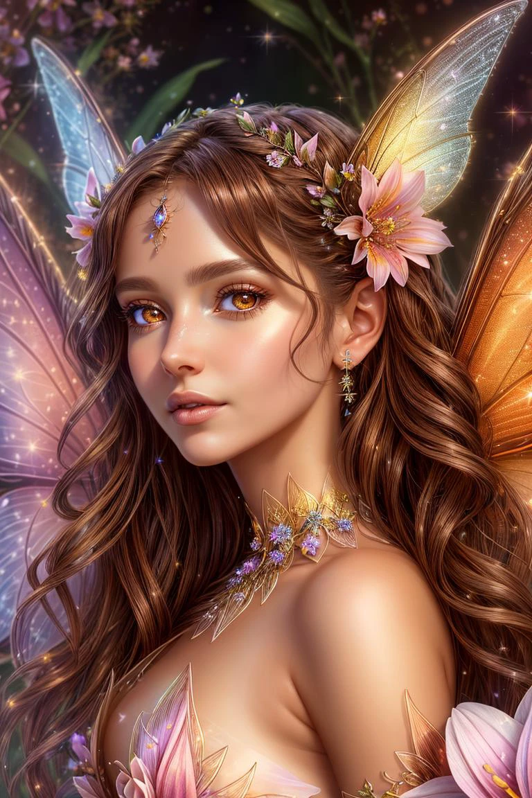 best quality, up close, photo, portrait, flower fairy masterpiece, best quality symmetrical magical fairy wings, portrait of a beautiful fairy woman, brown eyes, brown hair, 8k,  simple background, 8k, high quality, magical fantasy, bokeh, beautiful colors, sparkling lights, fairy wings, color streaks in hair edgFae, style-sylvamagic