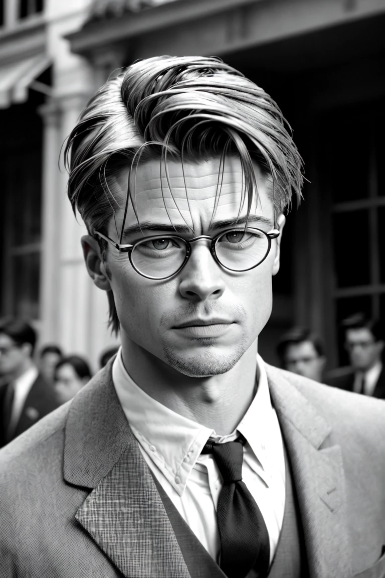 raw analog style photo of brad pitt as a real-life version of (Atticus Finch \(To Kill a Mockingbird\):1.2), by Gillian Chaplin and Leo Matiz ultra realistic highly detailed intricate photorealistic analog style photograph