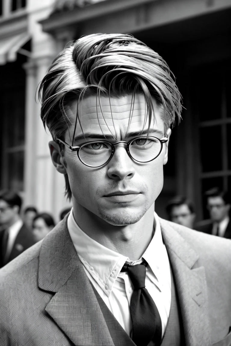 foto em estilo analógico bruto de Brad Pitt como uma versão da vida real de (Atticus Finch \(Matar a esperança\):1.2), por Gillian Chaplin e Leo Matiz fotografia ultra realista, altamente detalhada, intricada, fotorrealista, em estilo analógico