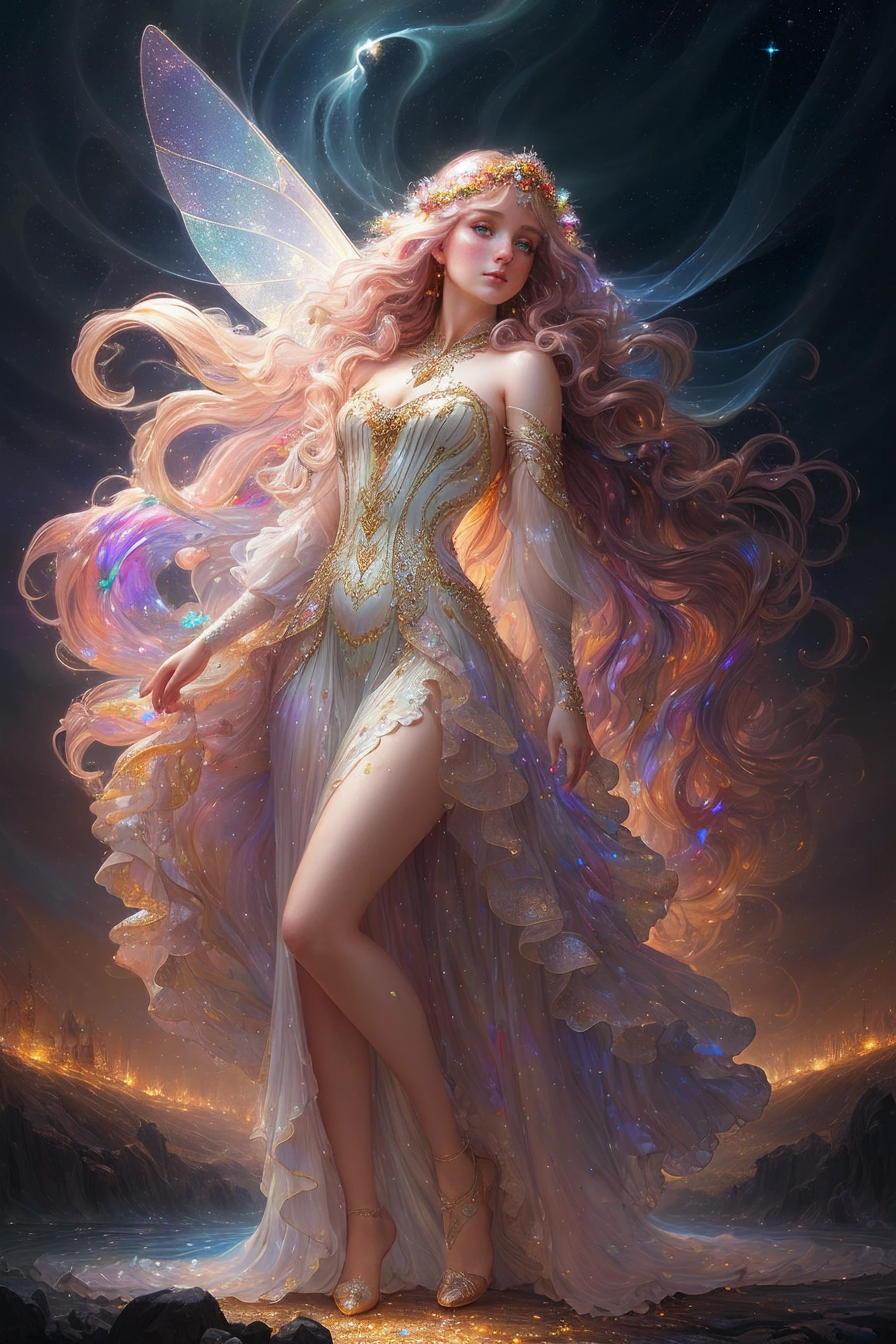 (((photorealistic painting))), (full body:1.5), (stunningly attractive)) fae fairy woman at a renaissance festival, ((perfect feminine face)), (+long colorful wavy hair), (+glitter freckles), (glitter), iridescent, wearing a flowing dress, intricate, 8k, highly detailed, volumetric lighting, digital painting, intense, sharp focus, ((art by artgerm and rutkowski and alphonse mucha)), (cloth simulation), (wind), cgsociety, good anatomy, great lighting, subsurface scattering, award winning, masterpiece, (perfect skin texture)),((realistic)), (style-sylvamagic:0.5), (nighttime), (dark), (backlit), (night sky in the style of  Style-NebMagic),