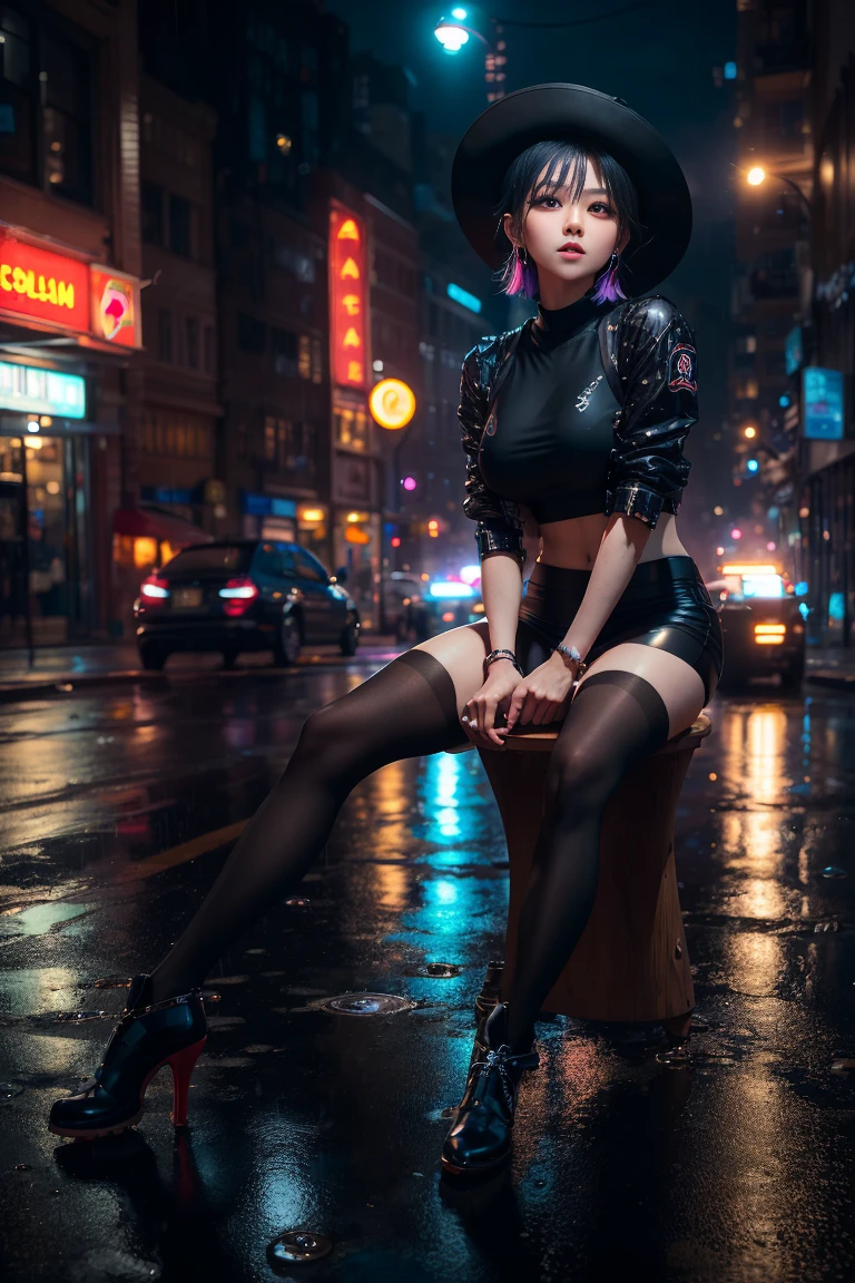 (8k, RAW photo, best quality, masterpiece:1.2), (realistic, photo-realistic:1.37),omertosa,1girl,(Kpop idol), (aegyo sal:1),cute,cityscape, night, rain, wet, professional lighting, photon mapping, radiosity, physically-based rendering,  Black pantyhose, dark studio,.(PureErosFace_V1:0.3),