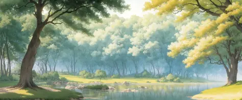 professional watercolor painting of a calm park with trees, next to water,  in landscape with water with pattern at afternoon, summer, studio ghibli smooth concept art, (pale, dim)  colors, beautiful sunny lighting, foggy background, shin hanga, very pale ...
