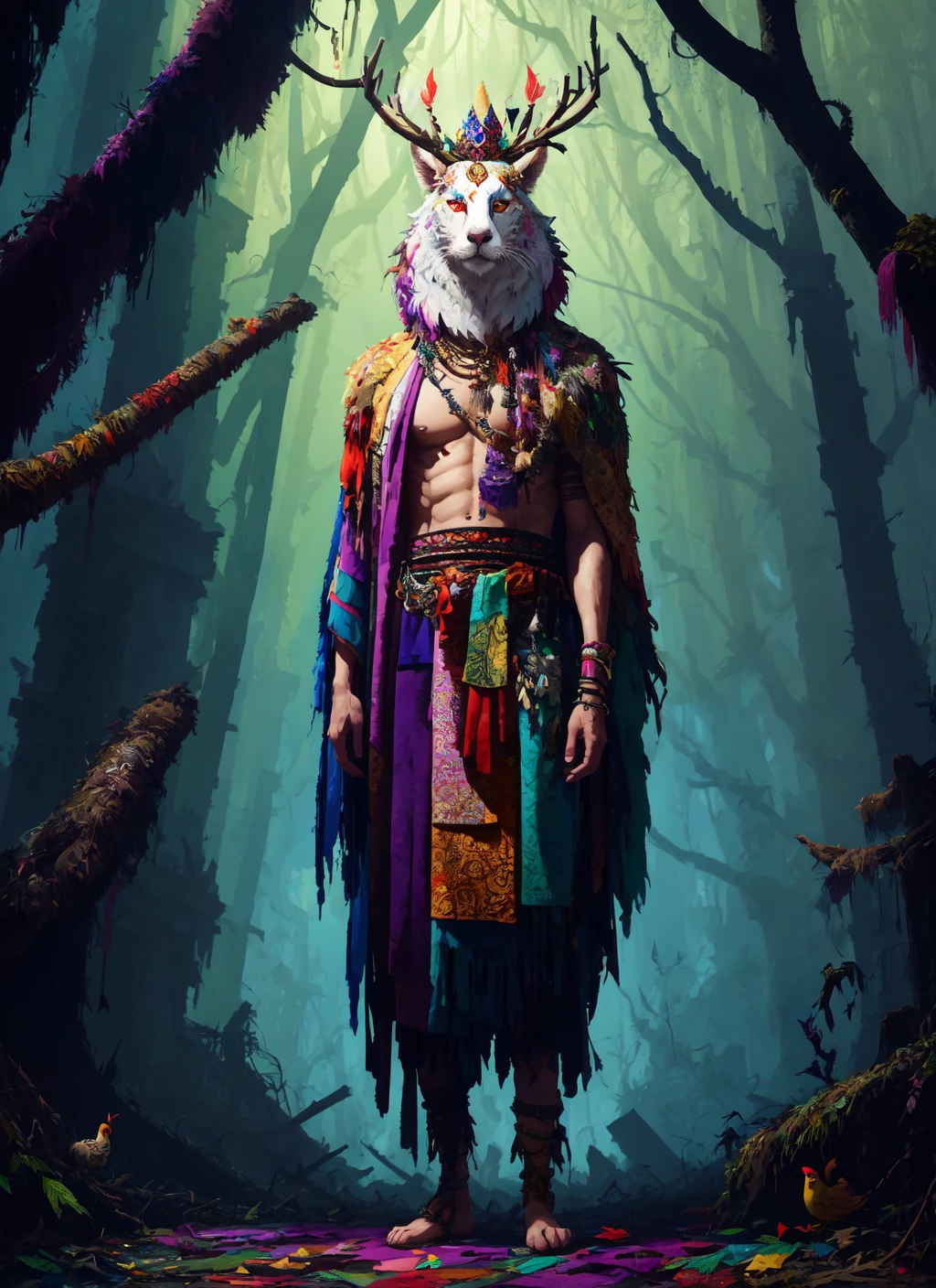 Exotic male, draped in patchwork robes made of tattered fabrics and animal hides, wearing a crown of twisted branches and feathers, standing before an ancient temple ruin, surrounded by dense jungle, rendered in acrylic by Chris Ryniak, Gary Baseman, dark yet vibrant color palette, bold brushstrokes, moody lighting, intricate details, 4k, HD, beautiful, haunting