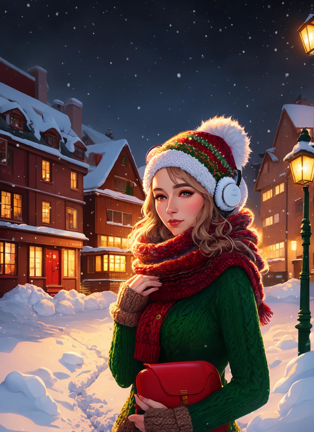 Female person, knitted sweater, fluffy earmuffs, winter boots, woolen mittens, red and green colors, acrylic paints, Jessica Durrant, Sandra Eterovic, HD, warm and cozy, intricate details, high contrast, beautiful lighting, snow-covered rooftops, serene atmosphere.