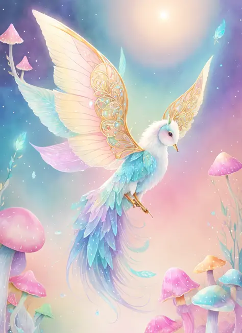 Fluffy, pastel-colored creature, iridescent scales, intricate golden details, fluttering wings, enchanted forest, glowing mushro...