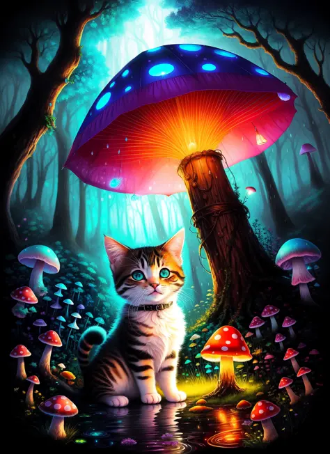 Enchanting, high-quality splash art of an adorable( baby kitty:1.1) up close  sitting under (toadstool:1.1) (mushroom:1.1) shaped like an umbrella in an (enchanted forest:1.1) in the (rain:1.1) dark shadows, deep contrast, (bioluminescence:1.1), magical, m...