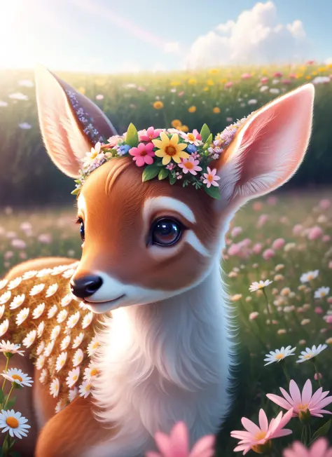 a drawing of a cute little baby deer surrounded by beautiful flowers in a meadow, 8k resolution concept art( intricate details:1.2), beautiful eyes, sunlight, (high quality:1.2), trending on artstation, 8k, absurdres, chibi, extremely detailed fur,(close u...