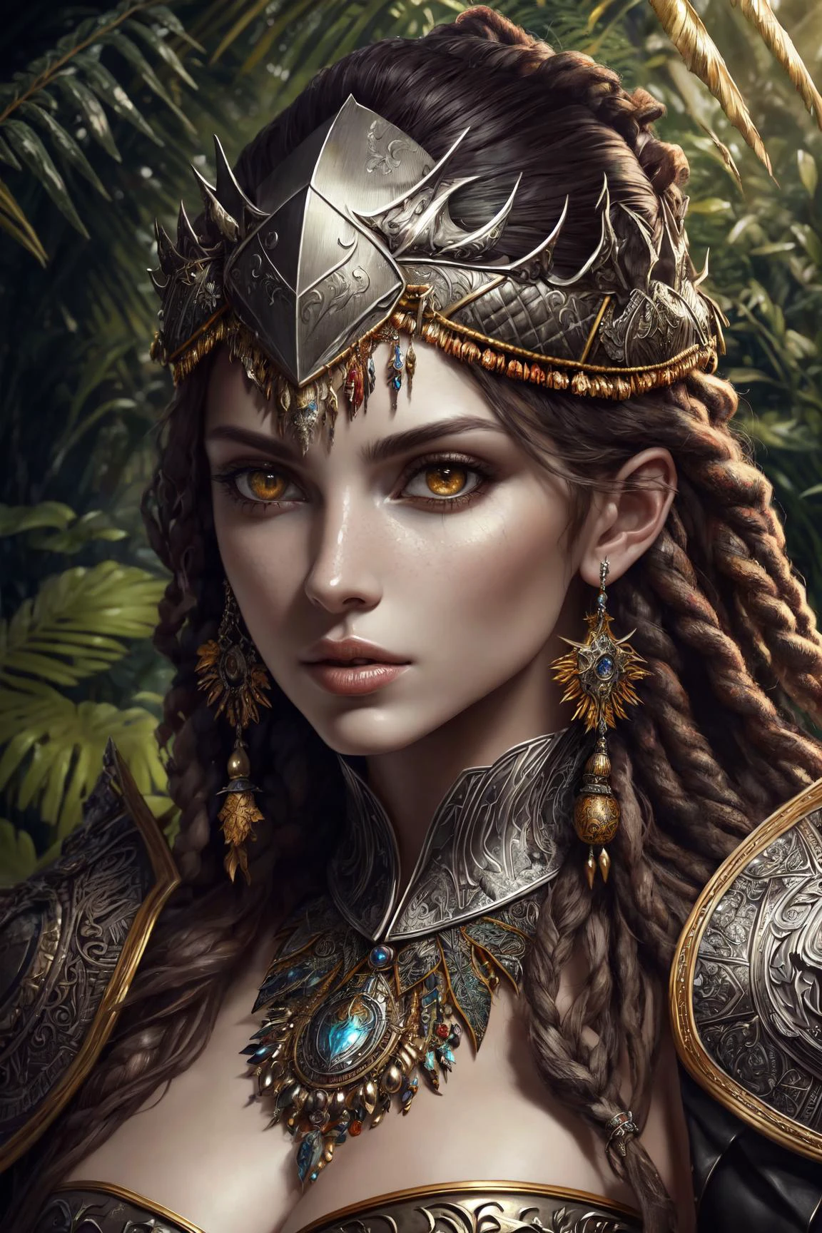 chamán de fantasía, beautiful hungarian|mujer indonesia, con rastas, vistiendo una armadura de cuero intrincadamente decorada, Realista render, calabozos y Dragones, Fantasía, renderizado de octanaje, cepillo. Diseño de personaje, photoRealista, Motor irreal, hyper-detallado, arte conceptual, tendencia en la estación de arte. ((mejor calidad)), ((Obra maestra)), ((Realista)), (detallado), retrato de cerca, Retrato de cuerpo entero, ojos color avellana, usando armadura de cuero, highly detallado skin and hair, mirando al espectador, Fantasía art, impresionantes colores degradados, Sin firma de marca de agua, boca cerrada, detallado background, exuberante selva, boca cerrada, insanely detallado, ((Obra maestra)), absurdos, HDR.