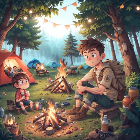 (sfw), A man sitting in front of a campfire with a tent in the background, perfect quality, sharp focus, colorful, <lora:COOLKIDS_MERGE_V2.5:0.8>, perfect anatomy, perfect face, little girl, intricate detail