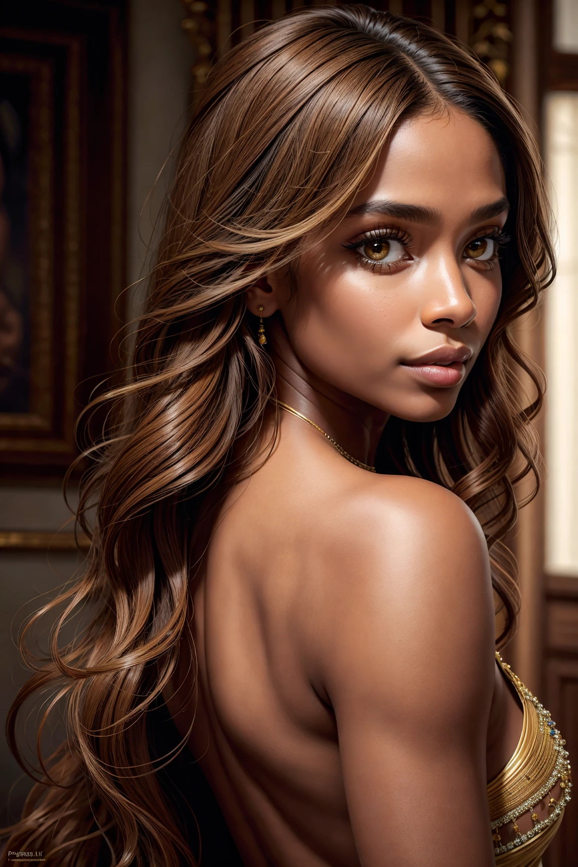 best quality, ultra high res, (photorealistic:1.4), masterpiece, 1girl, brown skin color, brown_eyes, from_behind, fur_trim, hair_over_one_eye, lips, long_hair, make up, looking_at_viewer, looking_back, nose, photo_\(medium\), photorealistic, realistic, solo, teeth, upper_body