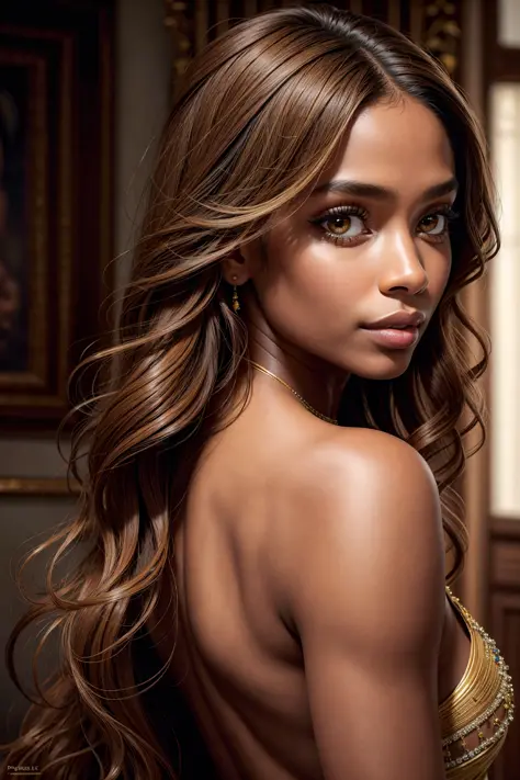 best quality, ultra high res, (photorealistic:1.4), masterpiece, 1girl, brown skin color, brown_eyes, from_behind, fur_trim, hai...