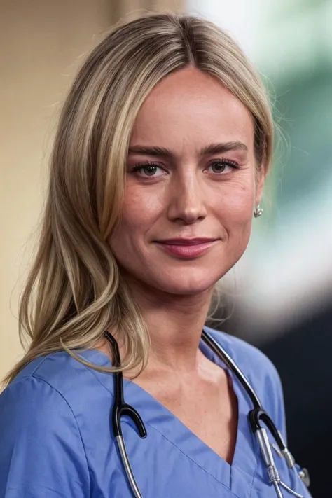 a close up of a woman wearing a stethoscope and a scrub suit