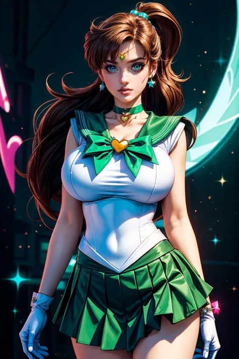 (ultra realistic,32k, masterpiece:1.2),(high detailed skin:1.1),( high quality:1.1),
<lora:EPsmSailorJupiter:0.8>EPsmSailorJupiter,disdain, green eyes, brown hair, long hair, ponytail, hair ornament, hair bobbles, brooch, heart brooch, jewelry, tiara, choker, green choker, star choker, skirt, green skirt, pleated skirt, bow, back bow, pink bow, gloves, white gloves, elbow gloves, earrings, sailor collar, star (symbol), green sailor collar, sailor senshi uniform, astral projection sanctuary, inner journey exploration, spiritual guidance, soul awakening, huge breast,large breast,(looking at viewer, portrait:1.1),, <lora:add_detail:0.86>,
(soft shaded neon light:1.1),