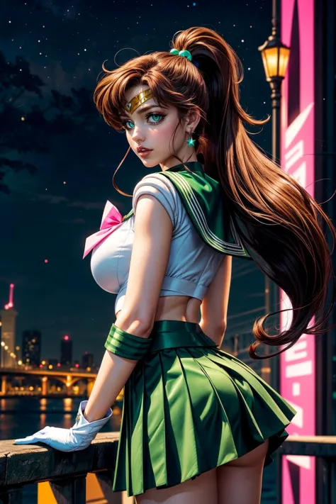 (ultra realistic,32k, masterpiece:1.2),(high detailed skin:1.1),( high quality:1.1),
<lora:EPsmSailorJupiter:0.8>EPsmSailorJupiter,surprised, green eyes, brown hair, long hair, ponytail, hair ornament, hair bobbles, brooch, heart brooch, jewelry, tiara, choker, green choker, star choker, skirt, green skirt, pleated skirt, bow, back bow, pink bow, gloves, white gloves, elbow gloves, earrings, sailor collar, star (symbol), green sailor collar, sailor senshi uniform, bridge, architectural marvel, spanning river, landmark, huge breast,large breast,(looking at viewer, Bend forward:1.1),, <lora:add_detail:0.89>,
(neon pastel light:1.1),