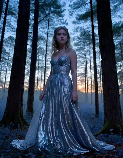 a woman in a silver dress standing in a forest