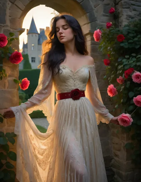 In the soft ethereal glow twilight garden, a striking, raven-haired beauty stands gracefully amidst cascade vibrant roses, her elegant silhouette backlit setting suns golden rays filtering delicate lace curtains antique French chateau. She wears flowing ivory gown adorned intricate embroidery and belt pearls that contrast beautifully against her dark complexion, her long wavy hair cascading down back waterfall midnight silk. Her expressive almondshaped eyes filled intense passionate gaze piercing very soul, as she tilts head ever so slightly side, her delicate fingers gently crad stems single red rose held close heart. The dewissed petals roses and lush green foliage surrounding her create almost surreal dreamlike atmosphere, while fading light sun casts casts long dramatic shadows across cobblestone pathways ancient stone walls adding sense mystery intrigue to captivating portrait. Ellie <lora:gilxmy18fbb4fb71ds34:1>