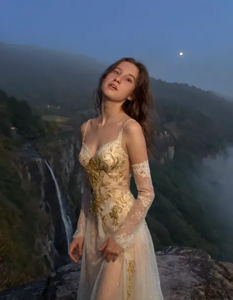 a woman in a dress standing on a cliff with a waterfall in the background