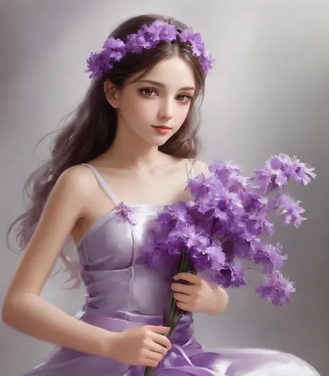 a woman in a purple dress holding a bunch of purple flowers