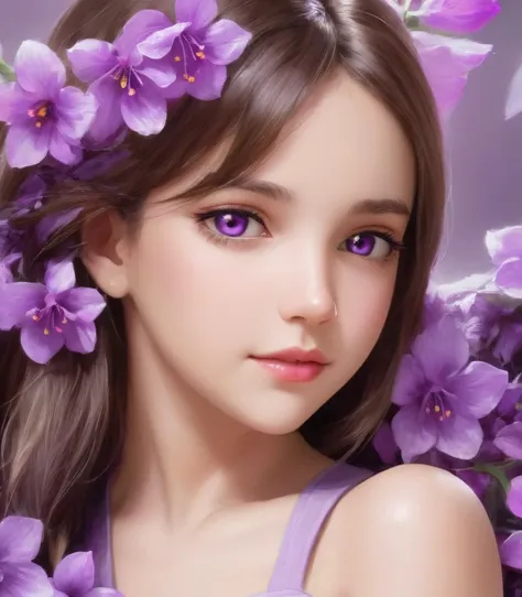 a close up of a girl with purple flowers in her hair