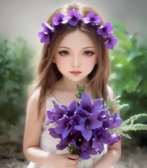 a close up of a young girl holding a bunch of purple flowers