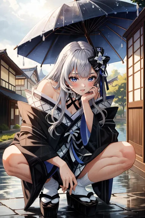 anime girl kneeling on the ground with an umbrella over her head