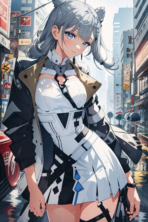 (masterpiece, best quality),  intricate details,
1girl,    vestiadef, braid, cone hair bun, jacket, white dress, single thighhigh, earrings, 
standing on street corner, futuristic city, cyberpunk, rain, wet clothes,