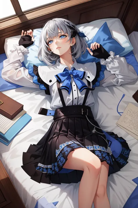 (masterpiece, best quality),  intricate details,
1girl,    vestia3rd,  white shirt, blue bow, long sleeves, fingerless gloves, black skirt
indoors, lying on bed, from above, on back,