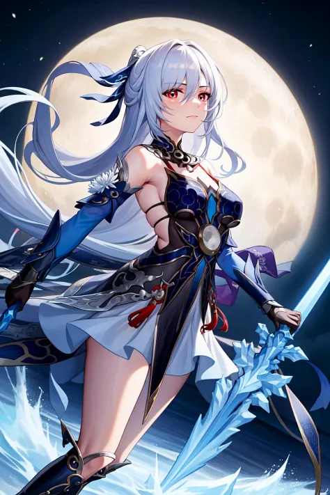 masterpiece, best quality, JingliuV5, 1girl, solo, looking at viewer, red eyes, gloves, dress, holding, bare shoulders, closed mouth, weapon, boots, sky, black gloves, sword, holding weapon, night, holding sword, moon, night sky, full moon, <lora:JingliuV5...