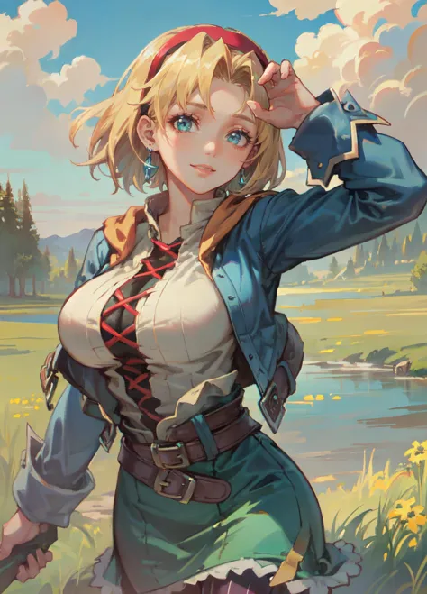masterpiece, best quality, ultra detailed, beautiful illustration), (oil painting:1.4), atmospheric perspective, (fantasy atmosphere, elaborate atmosphere:1.4), depth of field, looking at viewer, beautiful detailed eyes, 1girl, (cowboy shot), sexy pose, dynamic angle, sexy smile, (huge breasts:1.2),(outdoors, grasslands:1.5, blue sky:1.5, clouds:1.5), cecilia_t, short hair, hairband, earrings, blue jacket, beige shirt, blue skirt, belt, vertical-striped pantyhose, boots, 