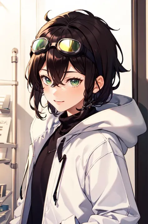 anime girl with goggles and a white jacket standing in front of a refrigerator