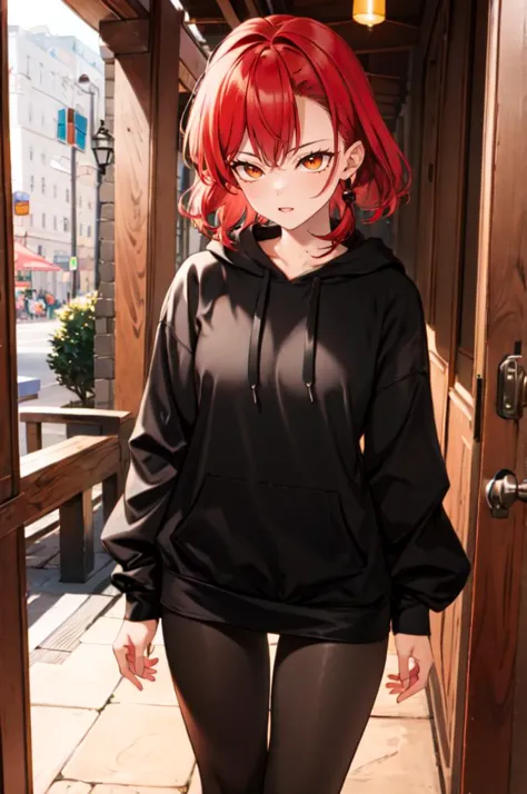 a woman with red hair and black pants standing in front of a door